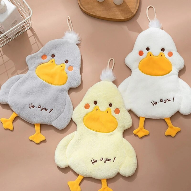 Sugeriantis daugiafunkcis pakabinamas rankšluostis mielas animacinis anties koralinis aksominis minkštas vaikų rankšluostis