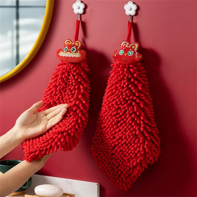 Rabbit Year Red Chenille Хавлиени кърпи за ръце Кухня Баня Хавлиени кърпи Карикатура Бързосъхнещи меки абсорбиращи кърпи за бродерия