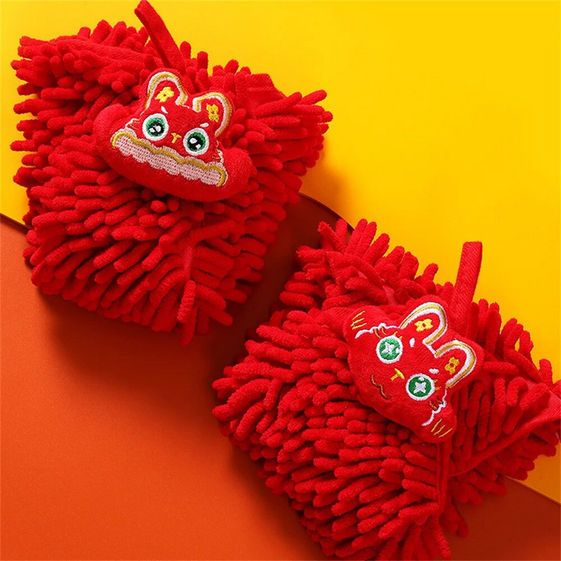 Rabbit Year Red Chenille Хавлиени кърпи за ръце Кухня Баня Хавлиени кърпи Карикатура Бързосъхнещи меки абсорбиращи кърпи за бродерия