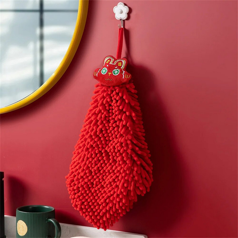 Rabbit Year Red Chenille Хавлиени кърпи за ръце Кухня Баня Хавлиени кърпи Карикатура Бързосъхнещи меки абсорбиращи кърпи за бродерия