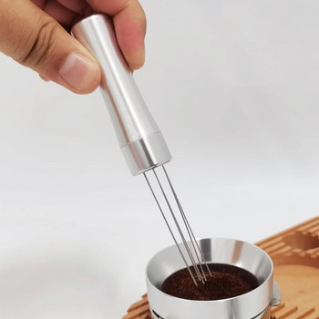 6 Игла за разбъркване на прах Разпределител от неръждаема стомана Еспресо кафе Тампер Алуминиева дръжка Филтър Инструменти за приготвяне на порфилтър за кафе
