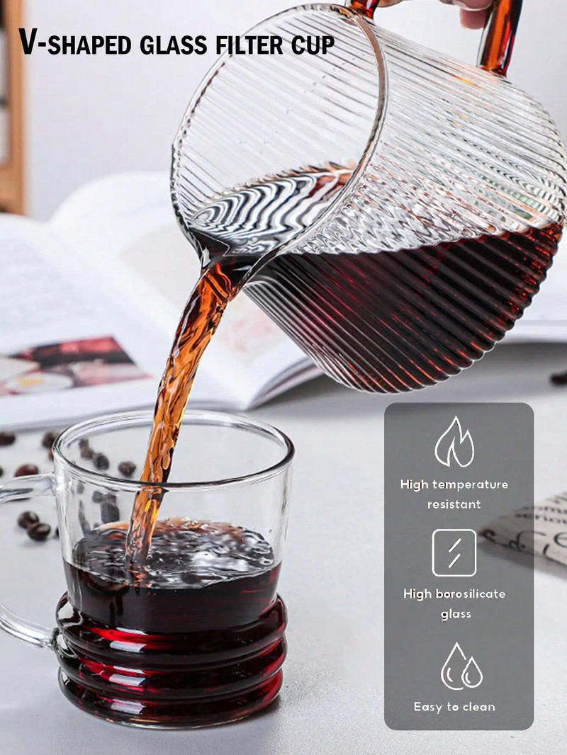 Stakleni poslužavnik za kavu Leeseph za prelijevanje kave i čaja, stakleno kućište s okomitim prugama sigurno za mikrovalnu pećnicu i otporno na toplinu (400 ml i 600 ml)
