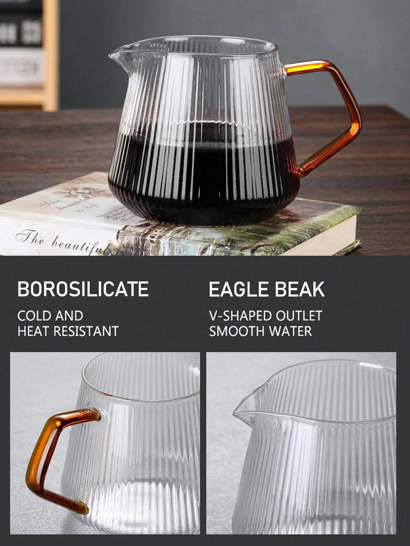 Stakleni poslužavnik za kavu Leeseph za prelijevanje kave i čaja, stakleno kućište s okomitim prugama sigurno za mikrovalnu pećnicu i otporno na toplinu (400 ml i 600 ml)