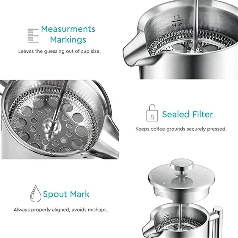 Francia préskanna európai stílusú szűrőprés, kézzel készített kávéfőző, kétrétegű sörfőző rozsdamentes acél kiváló minőségű kávéfőző