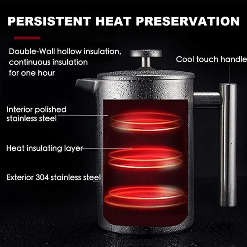 Francia préskanna európai stílusú szűrőprés, kézzel készített kávéfőző, kétrétegű sörfőző rozsdamentes acél kiváló minőségű kávéfőző