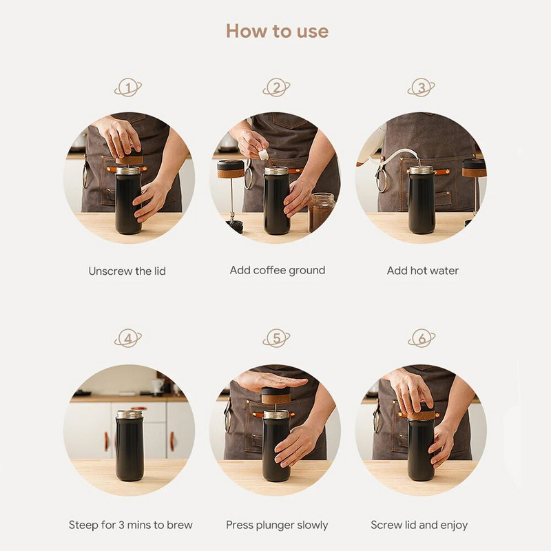 ICafilas 350 мл преносима кана за кафе, френска преса, кафемашина, изолирана чаша за пътуване от неръждаема стомана с бутален филтър за кафе