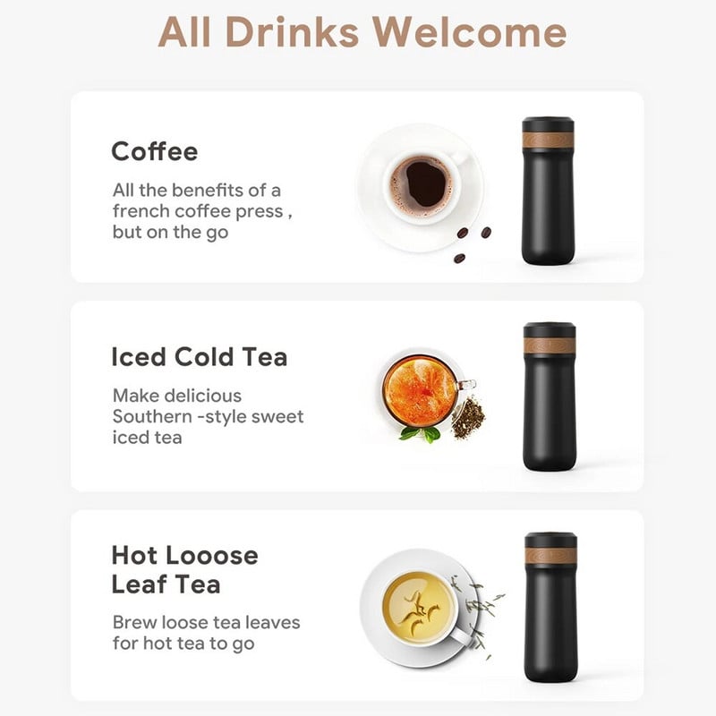 ICafilas 350 мл преносима кана за кафе, френска преса, кафемашина, изолирана чаша за пътуване от неръждаема стомана с бутален филтър за кафе