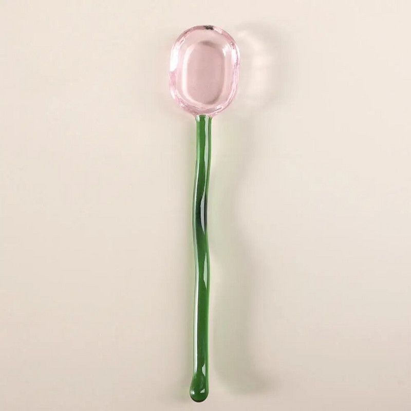 Kūrybinis pieno desertinis šaukštas Spalvingas skaidrus aukštai temperatūrai atsparus stiklinis šaukštas mielas ilga rankenėlis kavos maišymo šaukštas