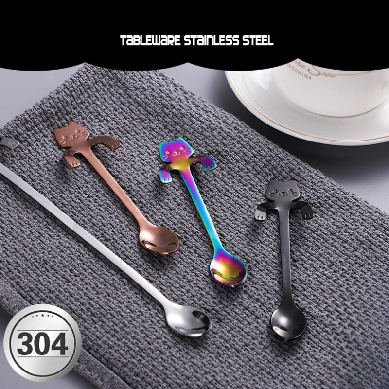 Ново пристигане Мини 304 неръждаема стомана анимационна котешка лъжица с дълга дръжка Прибори за хранене Инструменти за пиене на кафе Кухненска джаджа Кухненски инструменти