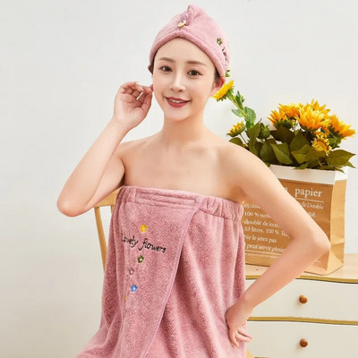 2 vnt Nešiojami vonios rankšluosčiai + plaukų džiovinimo kepurė Koralų vilnos rinkinys Minkštas sugeriantis meilės gėlių siuvinėtas vamzdelis viršutinis vonios rankšluostis