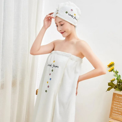 2 vnt Nešiojami vonios rankšluosčiai + plaukų džiovinimo kepurė Koralų vilnos rinkinys Minkštas sugeriantis meilės gėlių siuvinėtas vamzdelis viršutinis vonios rankšluostis
