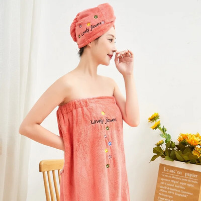 2 vnt Nešiojami vonios rankšluosčiai + plaukų džiovinimo kepurė Koralų vilnos rinkinys Minkštas sugeriantis meilės gėlių siuvinėtas vamzdelis viršutinis vonios rankšluostis