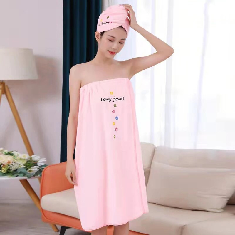 2 vnt Nešiojami vonios rankšluosčiai + plaukų džiovinimo kepurė Koralų vilnos rinkinys Minkštas sugeriantis meilės gėlių siuvinėtas vamzdelis viršutinis vonios rankšluostis