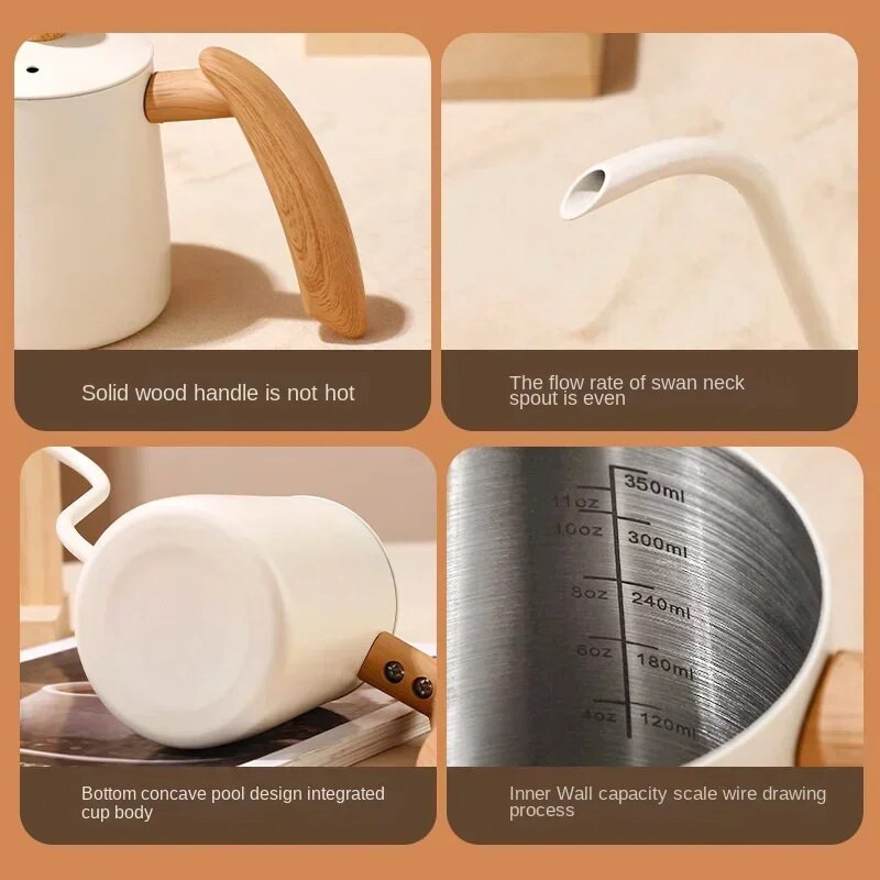 Чайник за изливане на кафе от неръждаема стомана 304 Тънко гърне с дълга висяща дървена дръжка Чайник за кафе Кафе с гъша шийка Градуиран
