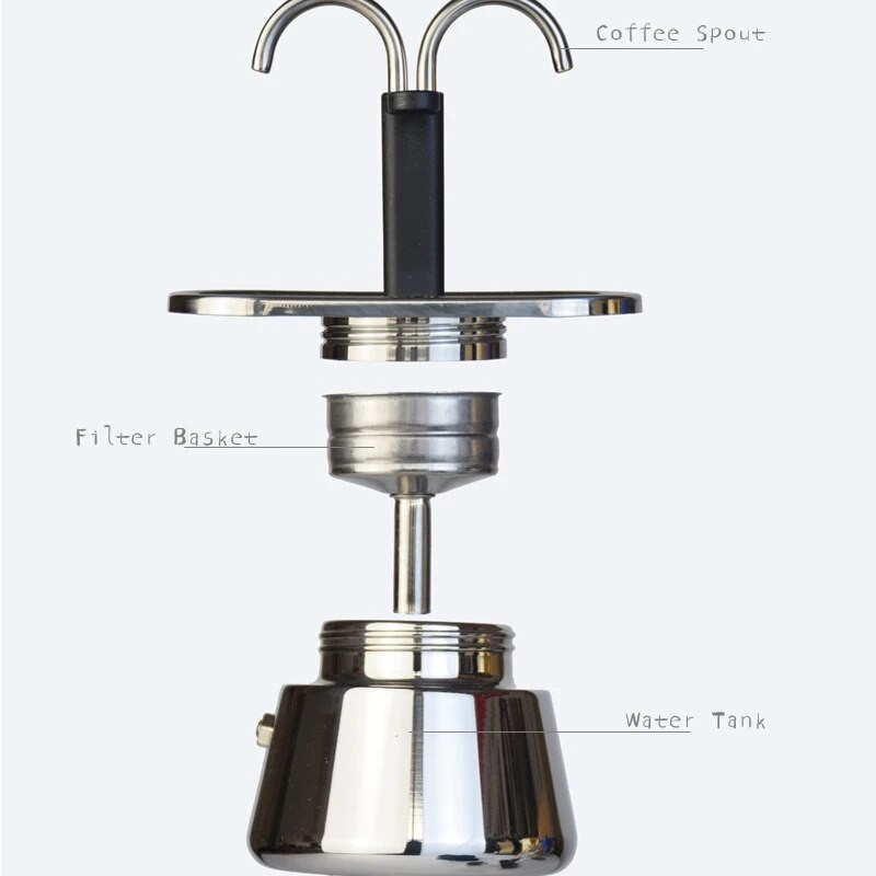 Moka Puodo dvigubas vamzdelis 304 Nerūdijančio plieno kavos puodas Itališkas kavos puodas Espresso Mini Rankinis Kavos Puodelis Virtuvės įrankis