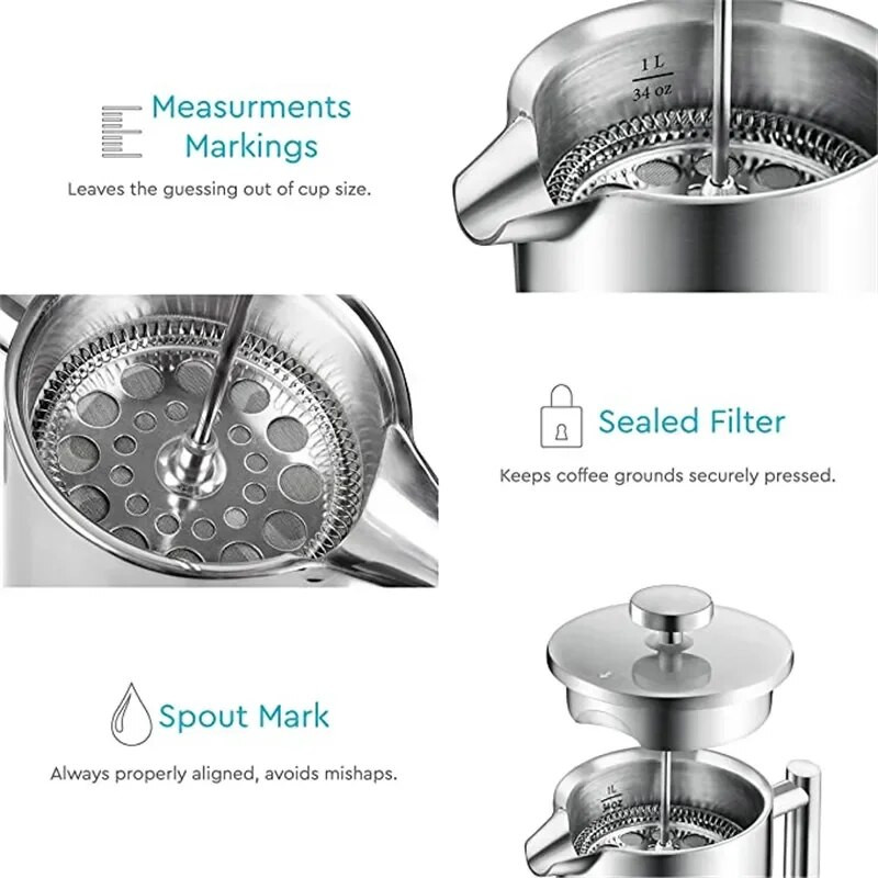 Lonac za francusku prešu Filter preša u europskom stilu Ručno izrađena posuda za kavu Dvoslojna posuda za kavu od nehrđajućeg čelika visoke kvalitete