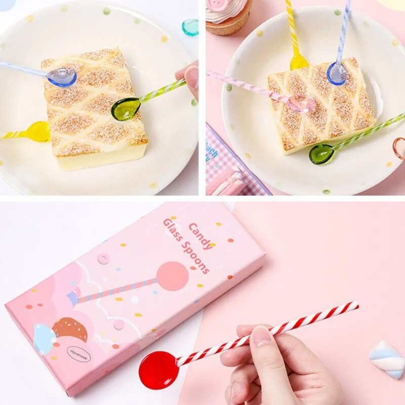 Творческа цветна стъклена бъркалка Лъжица Цветна стъклена бъркалка Симпатична дълга дръжка Сок за кафе Удължена лъжица Сервиз