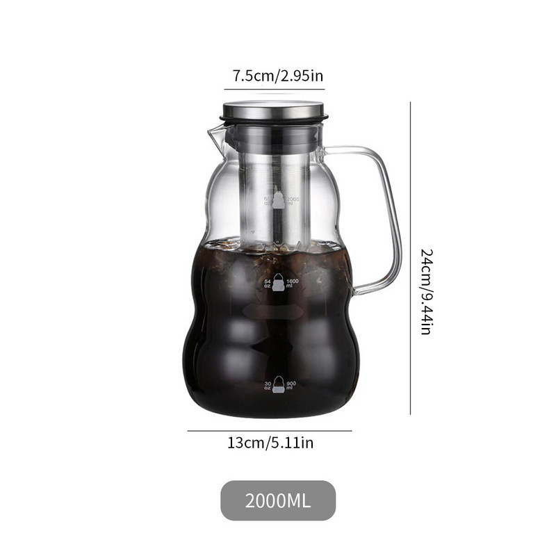 Leeseph Cold Brew kávéfőző kancsó, 2000 ml/67 uncia üveg vízforraló kivehető rozsdamentes acél szűrővel jeges kávéhoz