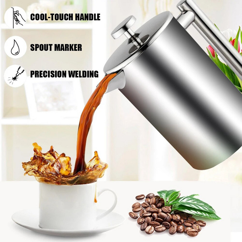 French Press Aparat za kavu velikog kapaciteta Lonac za kavu od nehrđajućeg čelika Aparat za espresso kavu Lonac za čaj s dvostrukom stijenkom