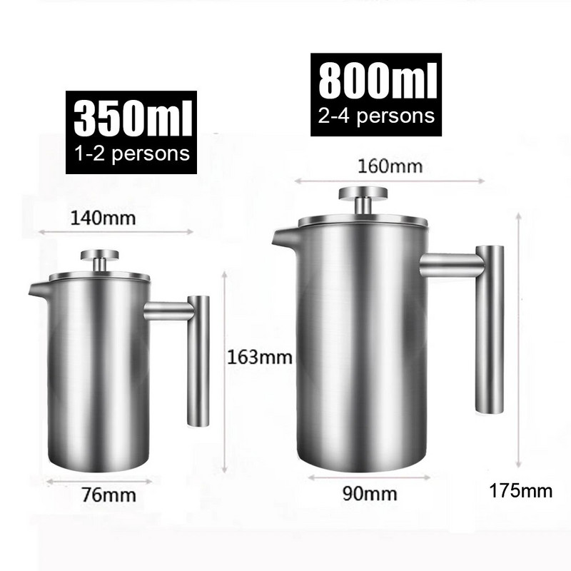 French Press Aparat za kavu velikog kapaciteta Lonac za kavu od nehrđajućeg čelika Aparat za espresso kavu Lonac za čaj s dvostrukom stijenkom