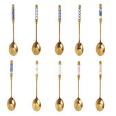 Virtuvinis desertinis šaukštas Nerūdijančio plieno kavos pieno šaukštas su keraminiu šaukštu ilga rankena Paauksuotas desertinis šaukštas