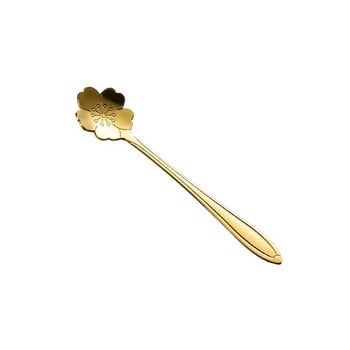 4бр. Комплект чаени лъжички с малки цветя Дълга лъжица за кафе Сладка лъжичка за десерт за сладолед Златни прибори за хранене Сребърни съдове от неръждаема стомана