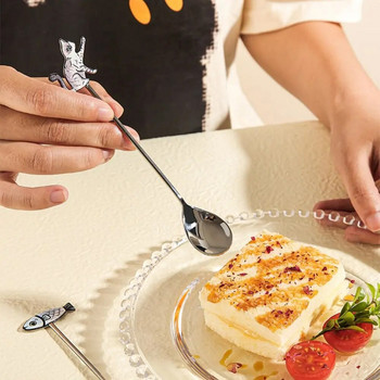 Сладка 3D котешка лъжица за разбъркване Форма на риба Чаена лъжичка от неръждаема стомана Десерт Лопатка за торта Creative Прекрасен сервиз за сладолед