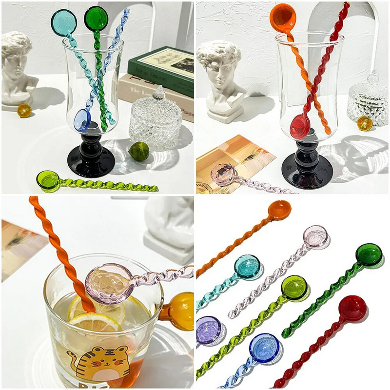 Kreatív színes üvegkeverő kanál színes üvegkeverő rúd aranyos hosszú nyelű gyümölcslé kávé kinyújtott kanál étkészlet