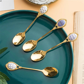 Χρυσό ανοξείδωτο κουτάλι ελαφρύ πολυτελές Κουτάλι καφέ Κουτάλι δημιουργικό ανάμειξη κουταλάκι του γλυκού με κεραμικό ντεκόρ Επιτραπέζια σκεύη δώρα