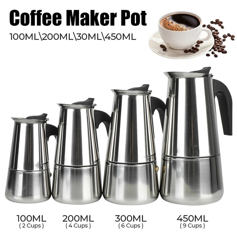 Mocha Espresso Latte Stovetop Filter 2/4/6/9 šalica Lonac za aparat za kavu Posuda za kavu od nehrđajućeg čelika za kuhinju Moka aparat za kavu