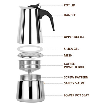 Машина за еспресо Индукционна плоча за кафе от неръждаема стомана Moka 200 мл/4 чаши Преносима тенджера, подходяща за готварска печка за домашен къмпинг