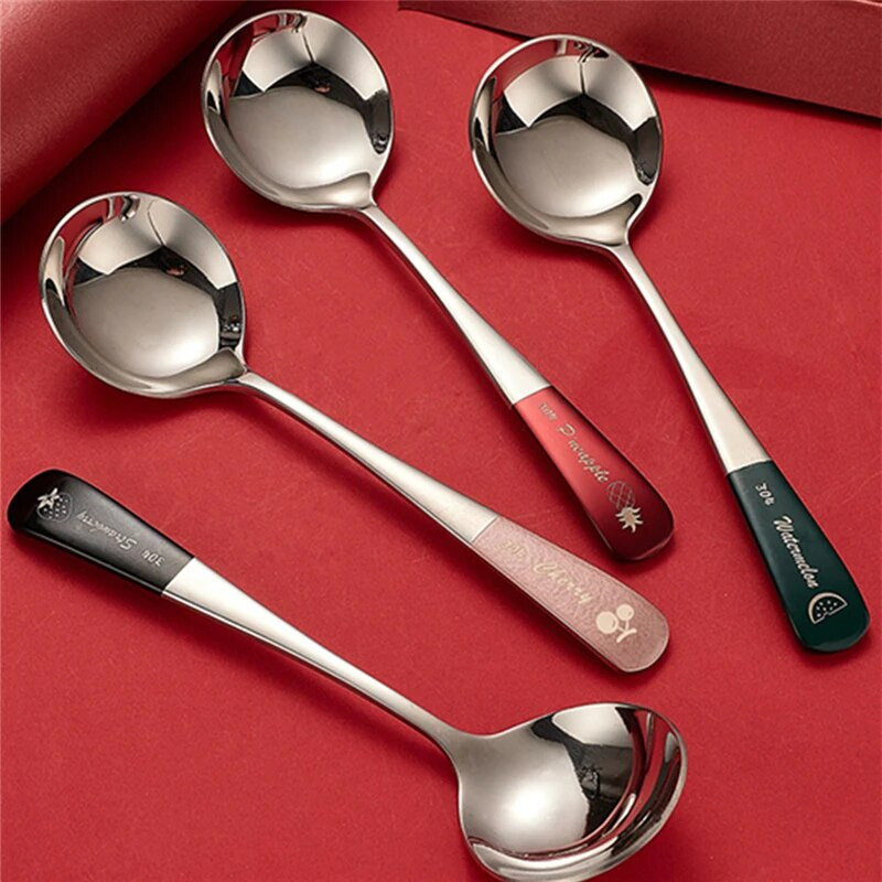 16 см * 4,3 см креативни лъжички за кафе с кръгла глава от неръждаема стомана с плодов модел Смесване на мляко Десертни чаени лъжици Кухненски аксесоари