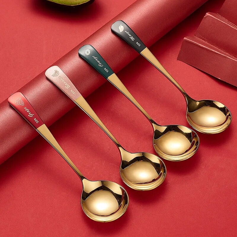 16 см * 4,3 см креативни лъжички за кафе с кръгла глава от неръждаема стомана с плодов модел Смесване на мляко Десертни чаени лъжици Кухненски аксесоари