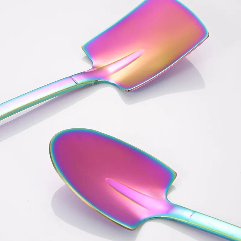 4PCS Лъжица за кафе Комплект прибори за хранене Ретро желязна лопата от неръждаема стомана Лъжица за сладолед Лъжица Творческа лъжица чаена лъжица Модна посуда