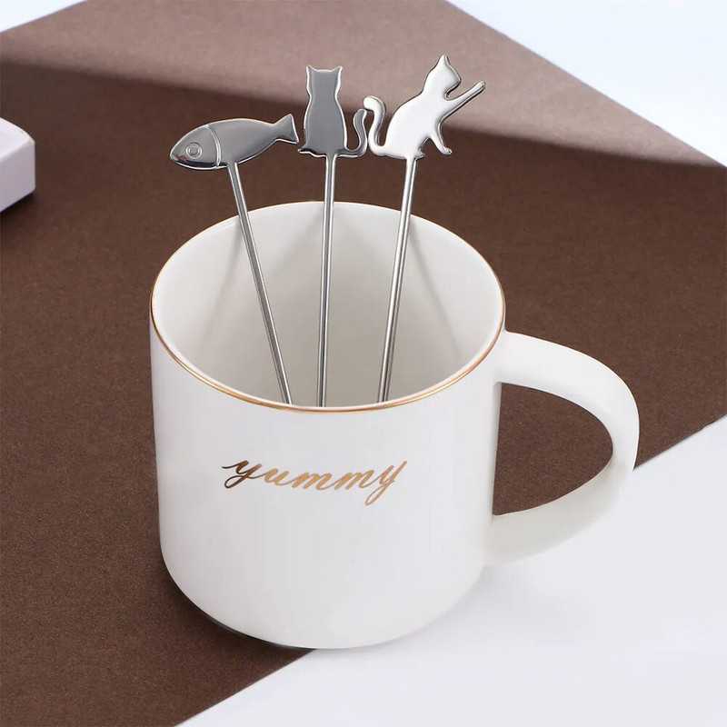 1 бр. Creative Fish Cat Design Лъжица за разбъркване на кафе Симпатична десертна чаена лъжица от неръждаема стомана Домашни кухненски аксесоари