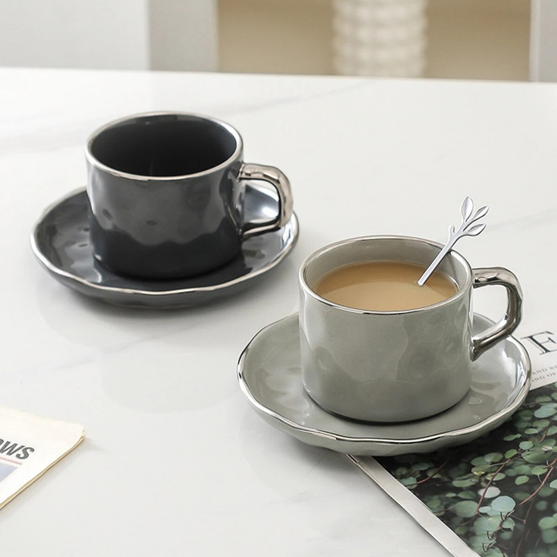 Керамична чаша за кафе Leeseph 7,5 унции с чинийка, едноцветна чаша за чай и комплект чинийки, красива и практична, лека и удобна