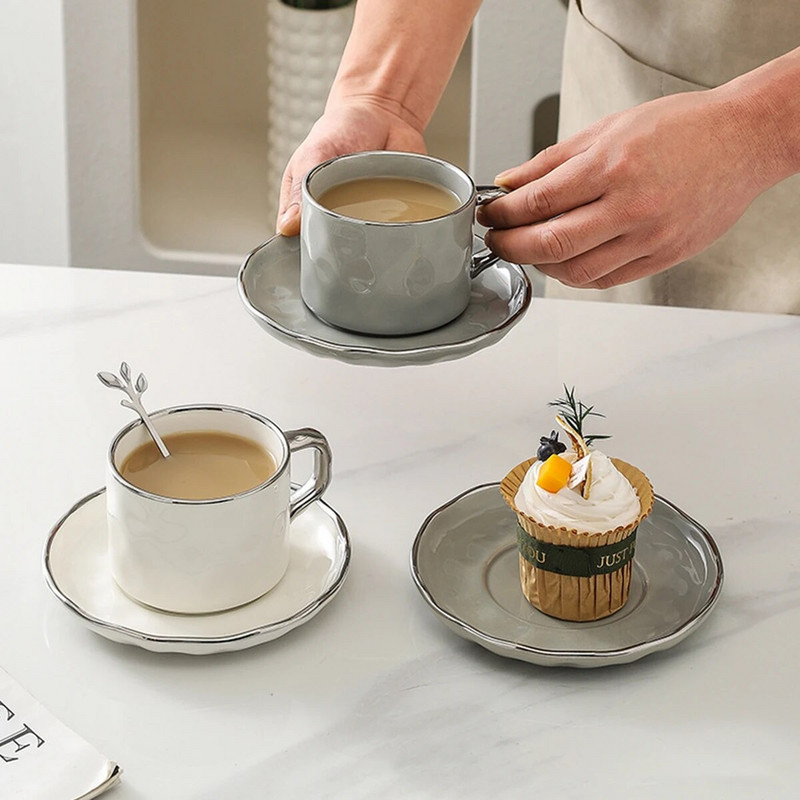 Керамична чаша за кафе Leeseph 7,5 унции с чинийка, едноцветна чаша за чай и комплект чинийки, красива и практична, лека и удобна