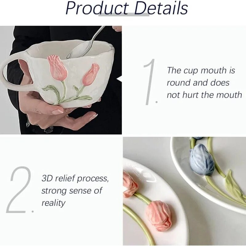 Tulipani Keramičke šalice 3D reljefne ručno stegnute nepravilne šalice za kavu Ručno oslikani cvijet Mlijeko Šalica za čaj Šalica za doručak blagdanski darovi