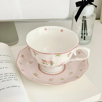 Френски розов принт на заек Винтидж Комплект чаша за кафе и чинийка Керамична чаша Сладък момичешки следобеден чай Дим и чинийка