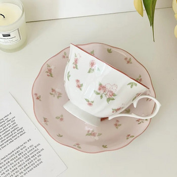 Френски розов принт на заек Винтидж Комплект чаша за кафе и чинийка Керамична чаша Сладък момичешки следобеден чай Дим и чинийка