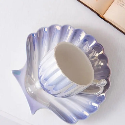 YWDL 240 мл чаша за кафе с чинийка, керамична чаша за кафе, чаша за закуска, мляко, вода за момиче, рожден ден, коледен подарък, перлена черупка