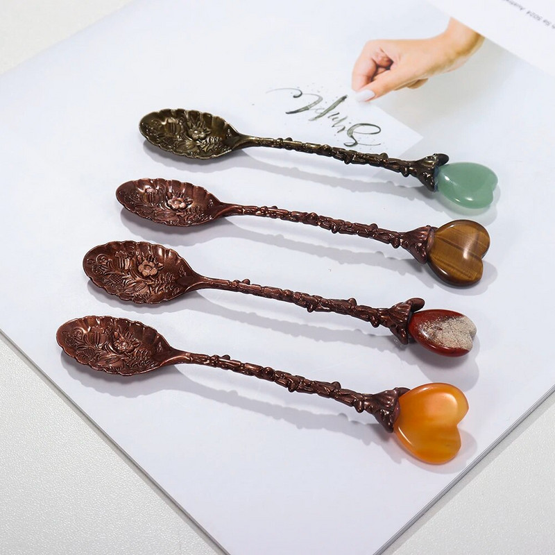 1kom Prirodna kristalna žličica u obliku srca Energetska ružičasta kvarcna kuhinjska dekoracija Žličica za desert Žličica za kavu Dajte darove