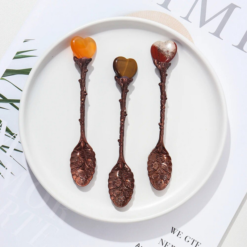 1kom Prirodna kristalna žličica u obliku srca Energetska ružičasta kvarcna kuhinjska dekoracija Žličica za desert Žličica za kavu Dajte darove