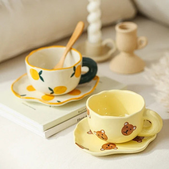 180 ml Сладка ръчно омесена керамична чаша за кафе и чинийка Творческа ръчно рисувана чаша за следобеден чай с чинийка Чаша за чай с аромат на момиче
