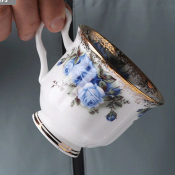 Чаша за кафе от костен Китай Комплект чинийки Британски ретро подарък с печат на рози Ръчно рисувана златна керамична чаша за кафе Домашна кухня Съдове за напитки