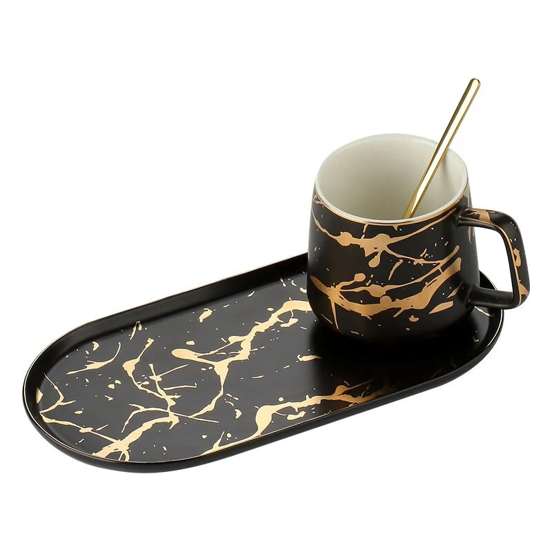 Чиния за закуска Порцеланов мрамор и чинийка Комплект за един човек Северна мраморна керамична чаша за мляко Чаша за кафе и творчески комплект чинийки