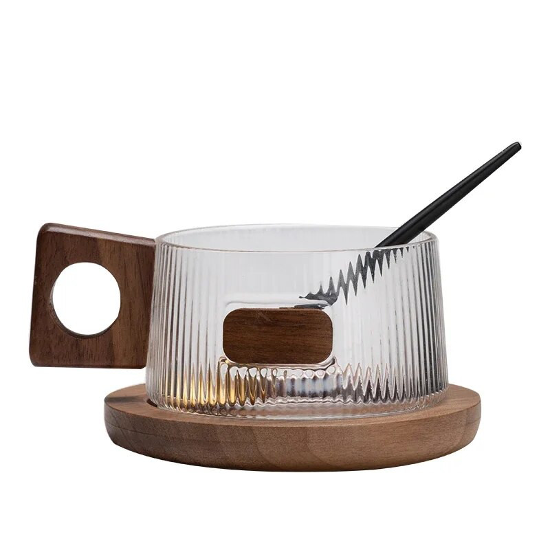 Обикновен комплект чаши за кафе Чаши за чай 250 мл Офис Стъклена чаша за вода Ежедневна чаша за следобеден чай с поднос Лъжица Кунг-фу чаша за напитки