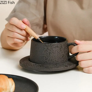 Японски комплект чаша за кафе и чинийка Ретро керамична чаша Офис следобеден чай Капучино Чаша лате Комплект за пиене на чаша за домашен мляко