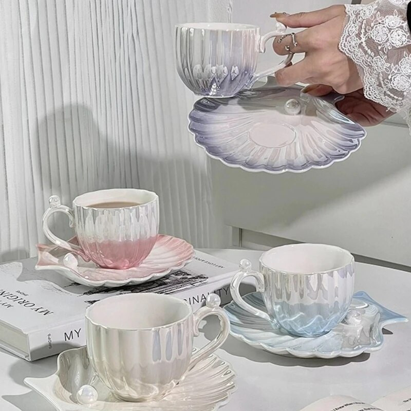 Creative Pearl Shell formos puodelis Korėjietiško stiliaus Mielas keraminis kavos pieno puodelis Espreso puodelio rinkinys su lėkšte Gėrimų indų vandens puodelis