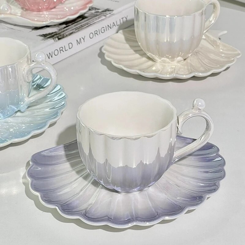 Creative Pearl Shell formos puodelis Korėjietiško stiliaus Mielas keraminis kavos pieno puodelis Espreso puodelio rinkinys su lėkšte Gėrimų indų vandens puodelis